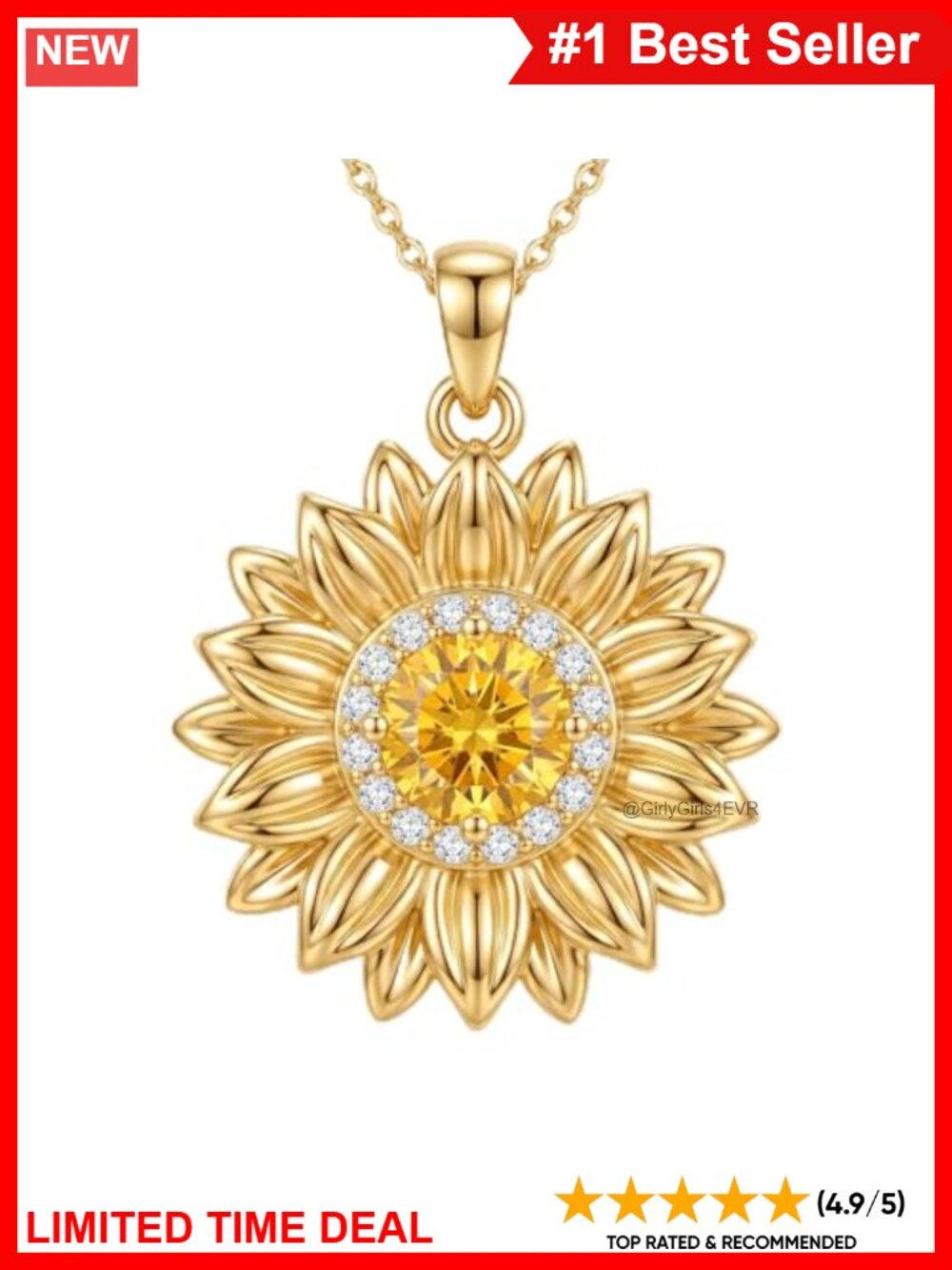Natural Citrine Sunflower Pendant Necklace 18K Gold Plated Adjustable